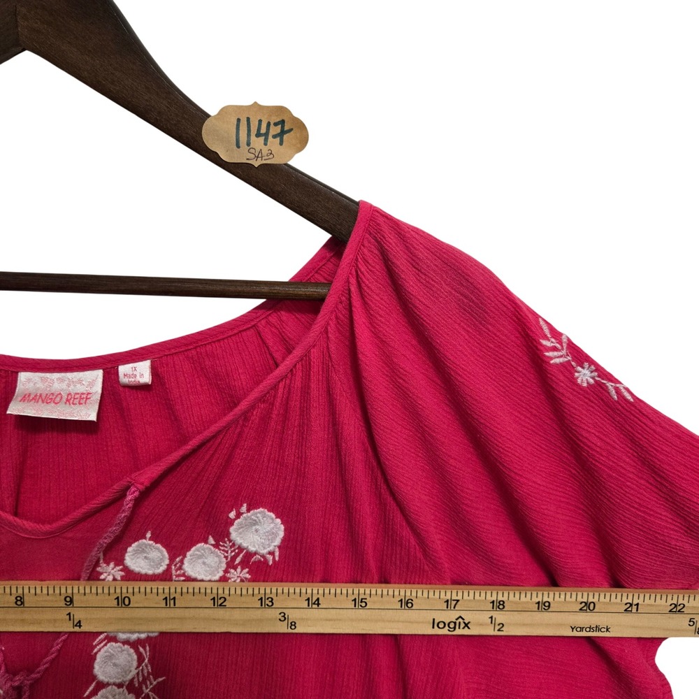 Mango Reef Womens 1X Pink Crinkle Gauze Embroidered Boho Tassel Tunic‎ Dress - Picture 4 of 5